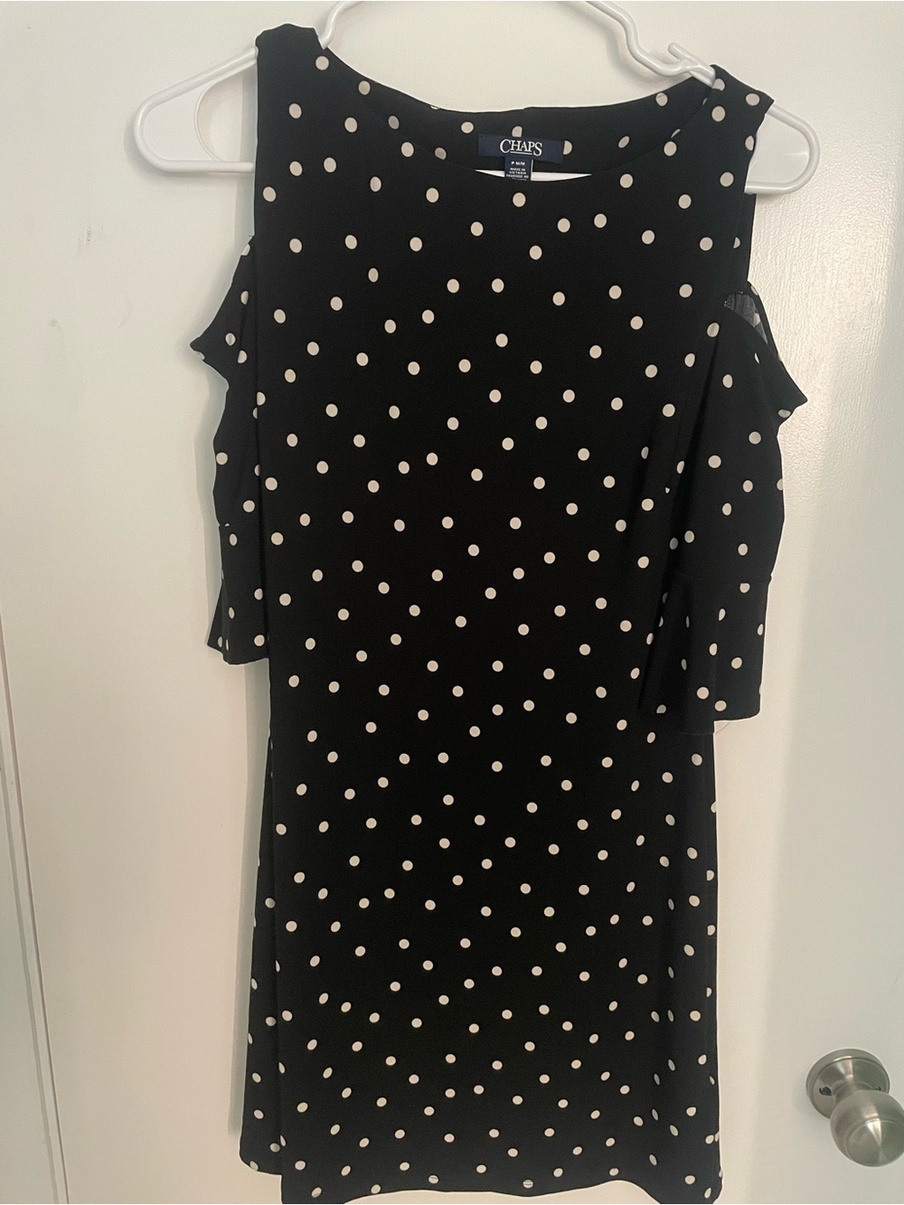 Chaps Black and White Polka Dot Cold-Shoulder Mini Dress